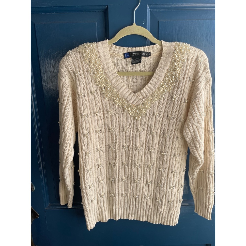 Vintage IB Diffusion Sweater Silk Cotton Pearl Embellished‎ Cable Knit Cream XS